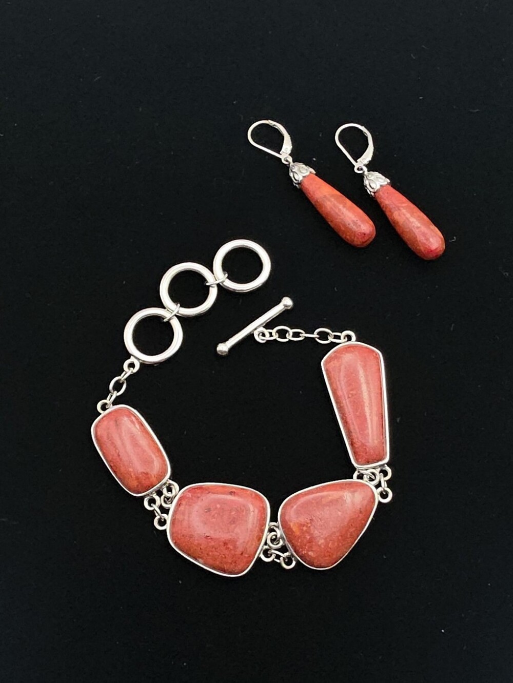 JTV Red Sponge Coral 925 Sterling Silver Station Bracelet Teardrop Earrings Set